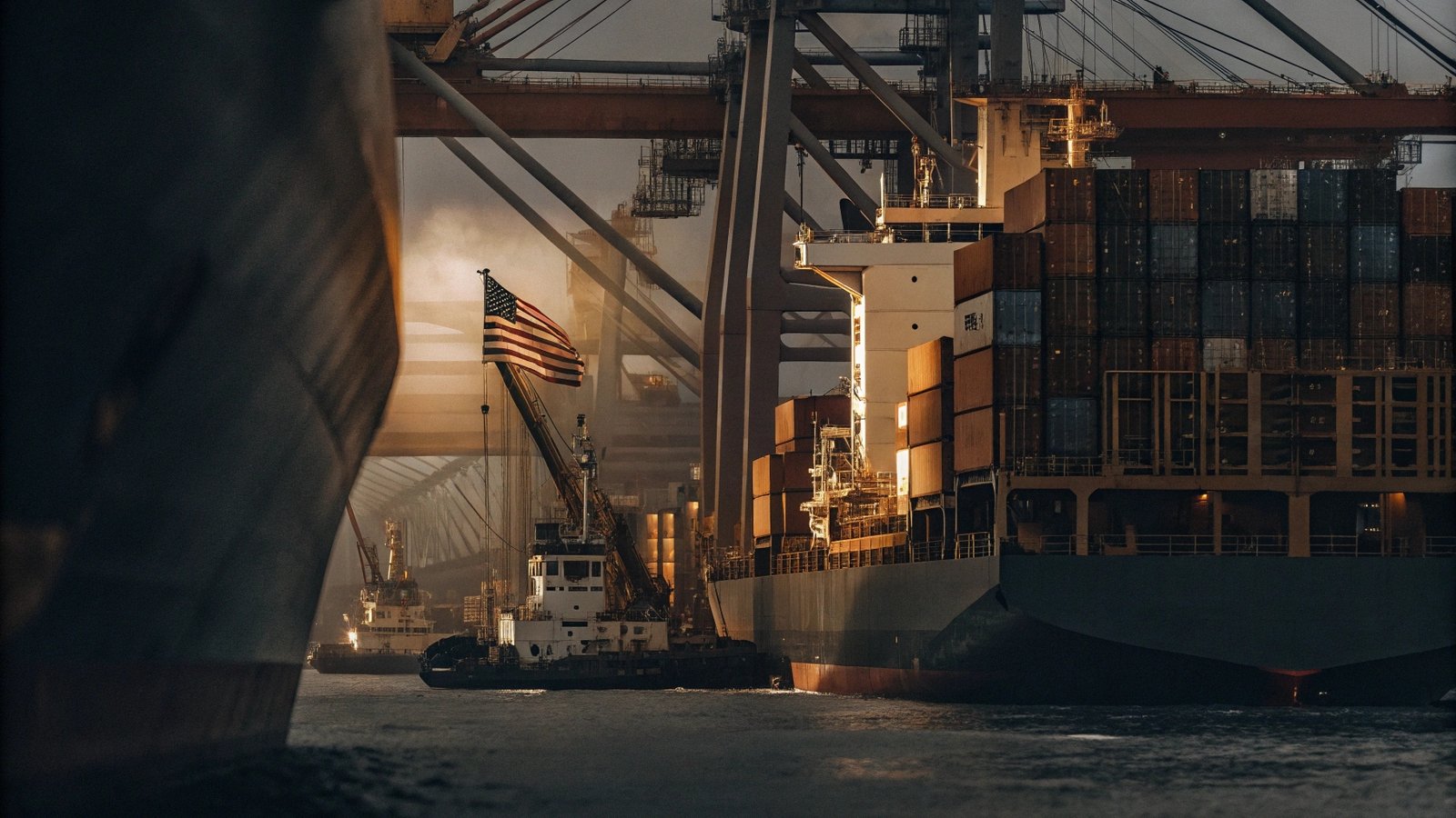 A cargo ship with containers being loaded at a port, with the US flag in the background.