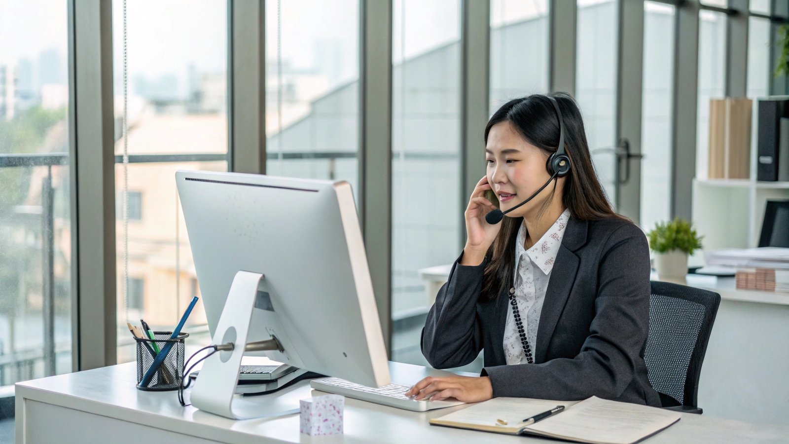 A customer service representative speaking on the phone in a modern office