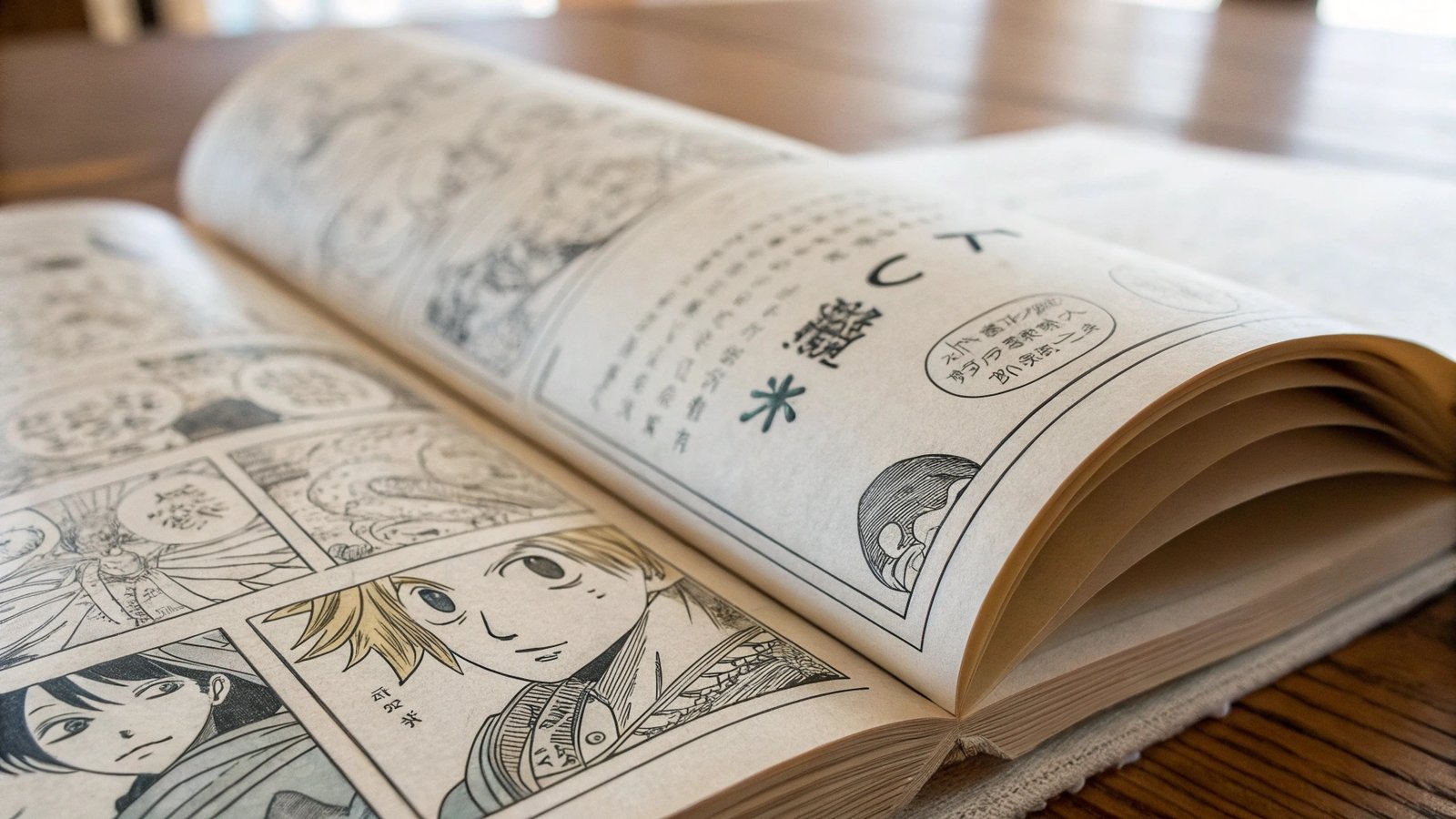 A close-up of a printed manga page showing detailed art and paper texture