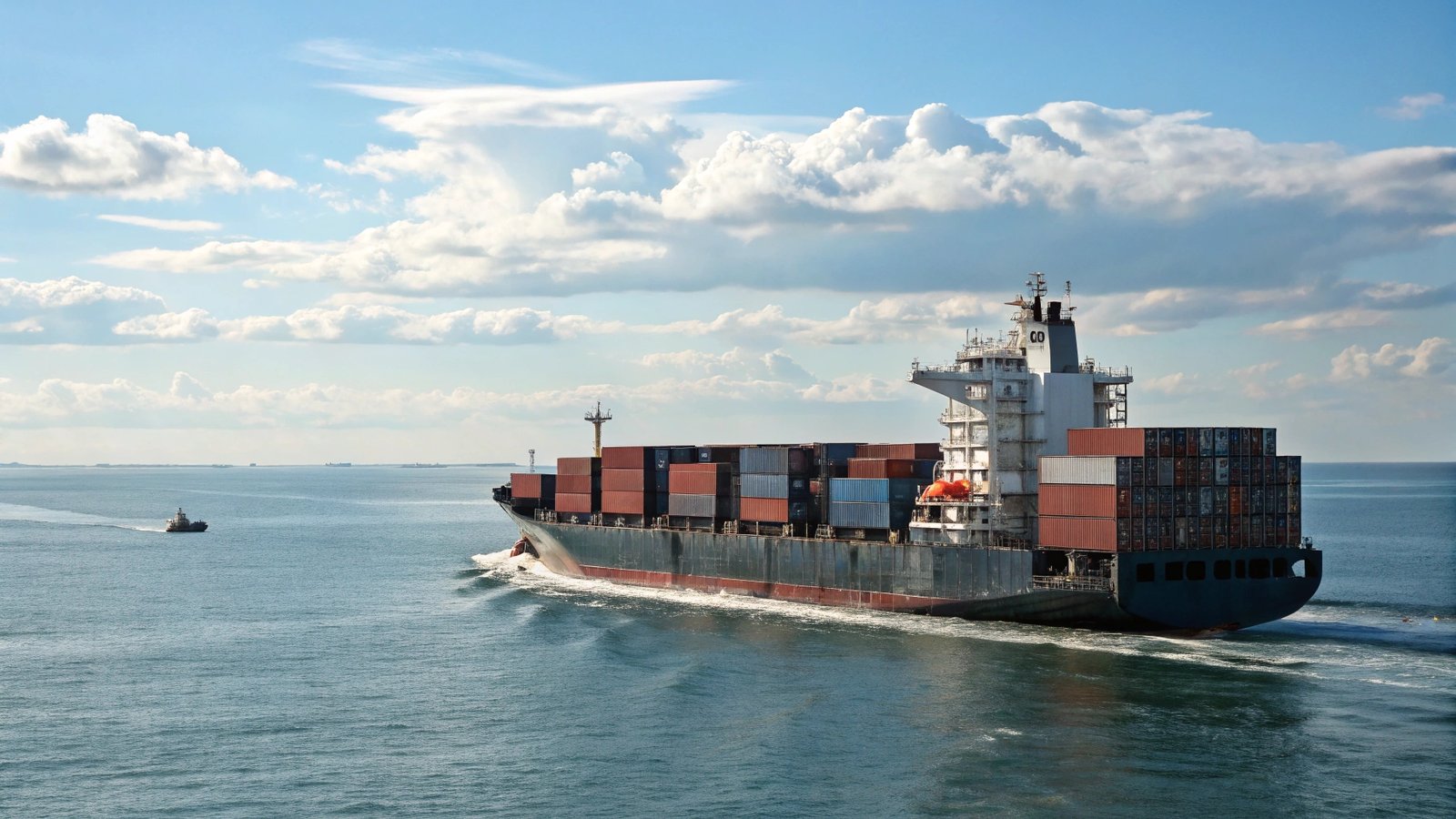 A container ship with stacks of containers on the ocean