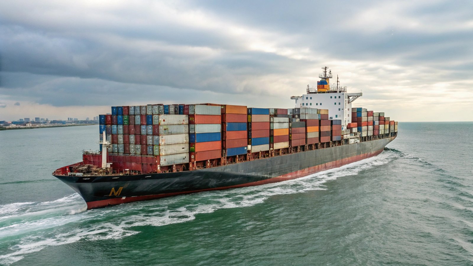 A large cargo ship at a port being loaded with containers