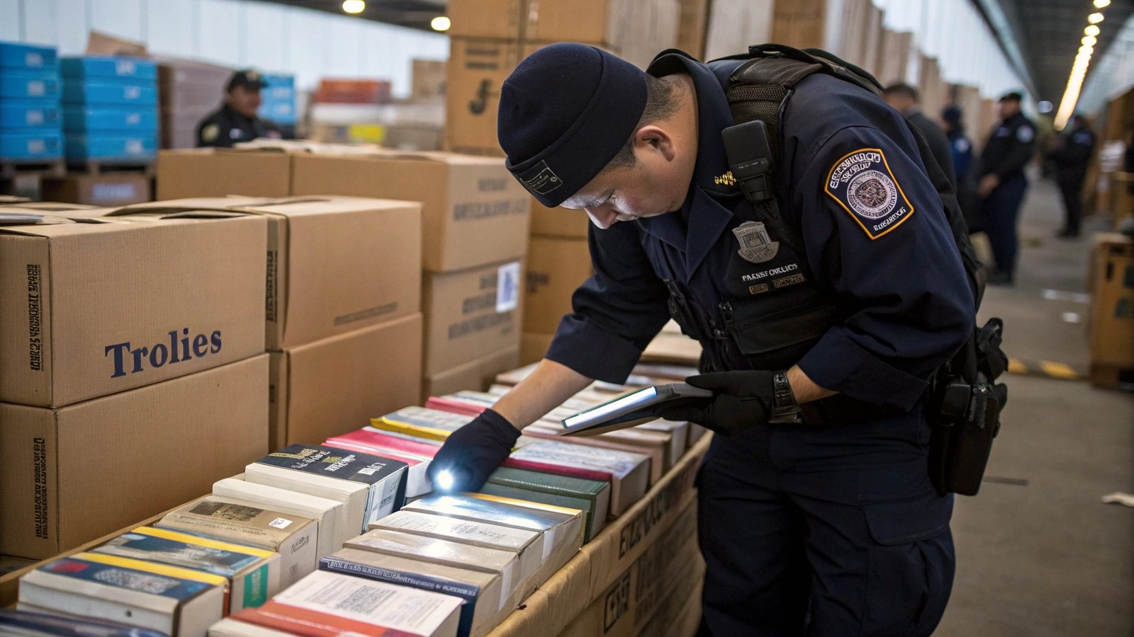 A customs officer inspecting a box of books