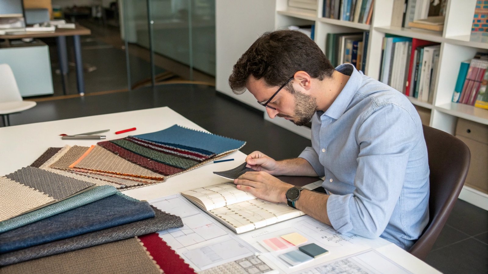 a designer looking at material swatches for a flexibound book cover