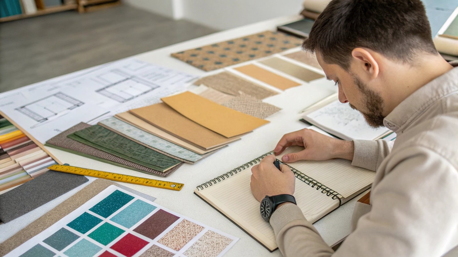 A designer looking at various paper and cover material samples