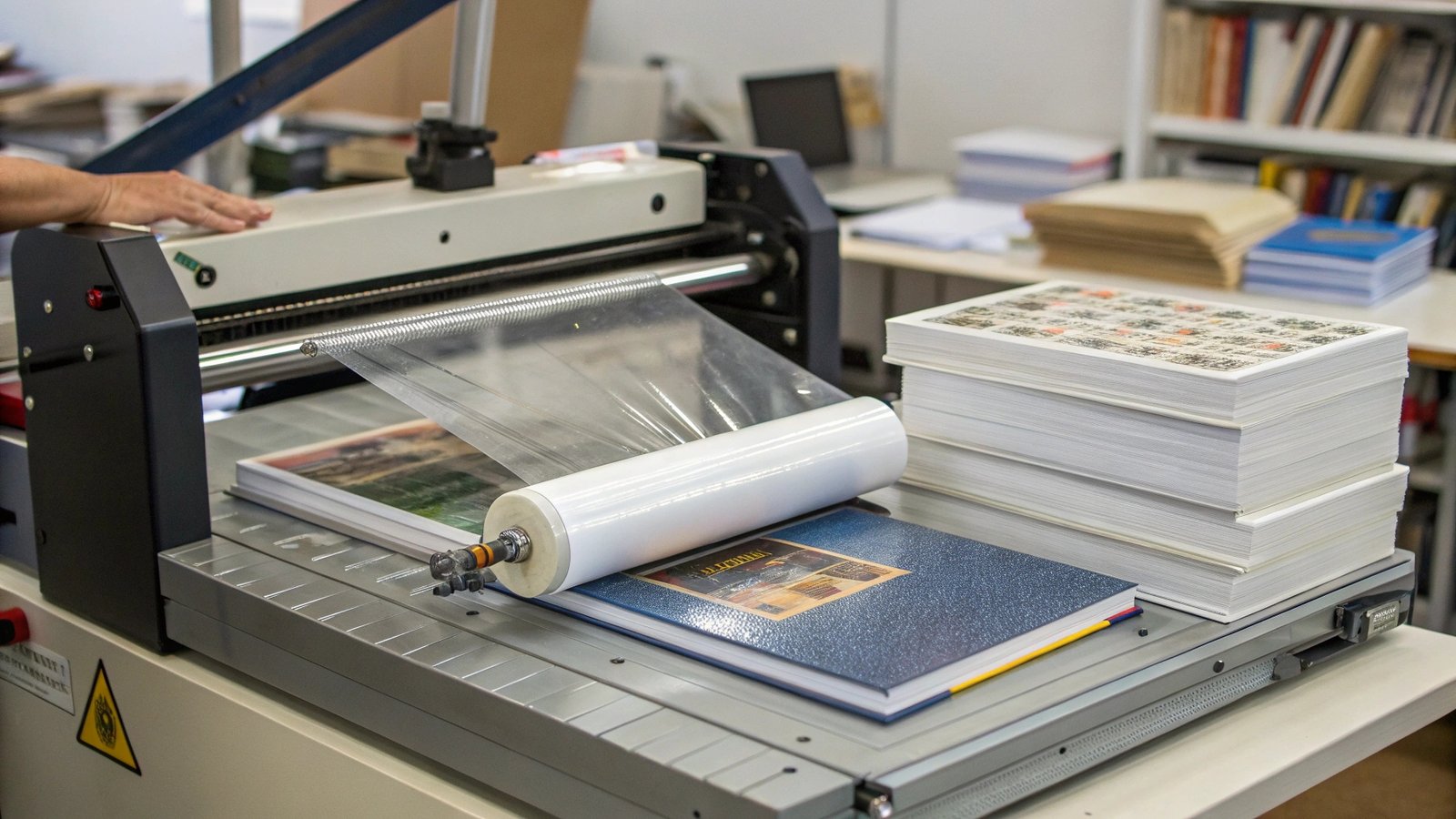 A lamination machine applying lamination film to book covers