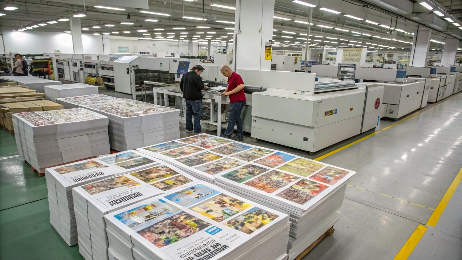 A large, modern printing facility with stacks of freshly printed manga pages