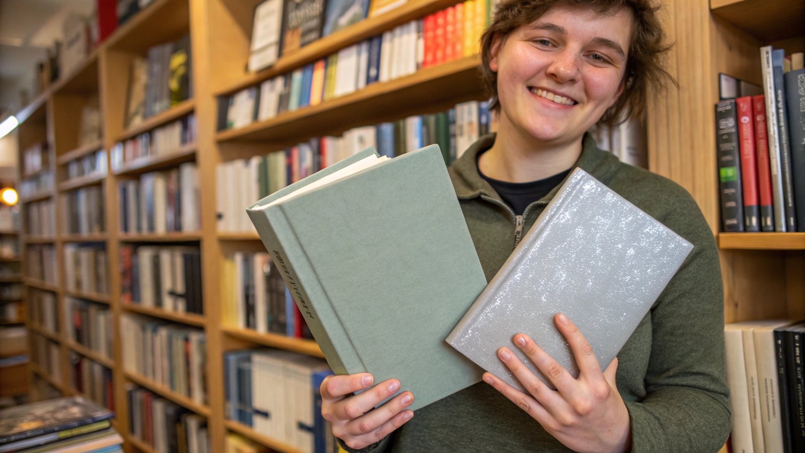 A person holding two books, one with a matte cover and one with a gloss cover