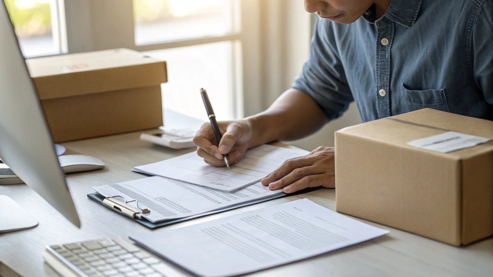 A person signing shipping documents at a desk