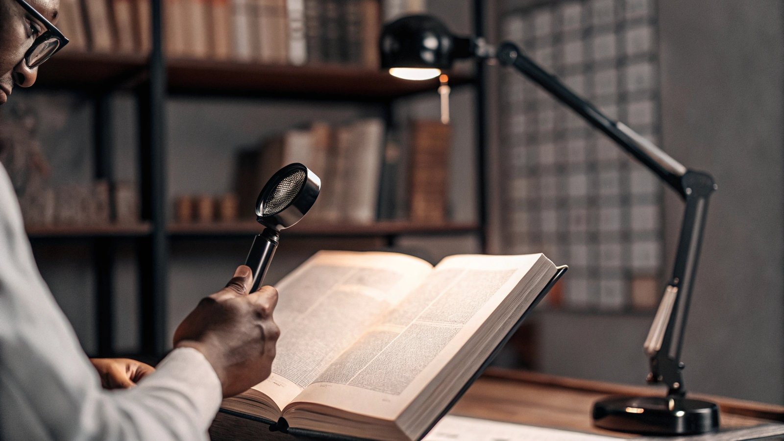 A publisher inspecting a book proof with a magnifying glass