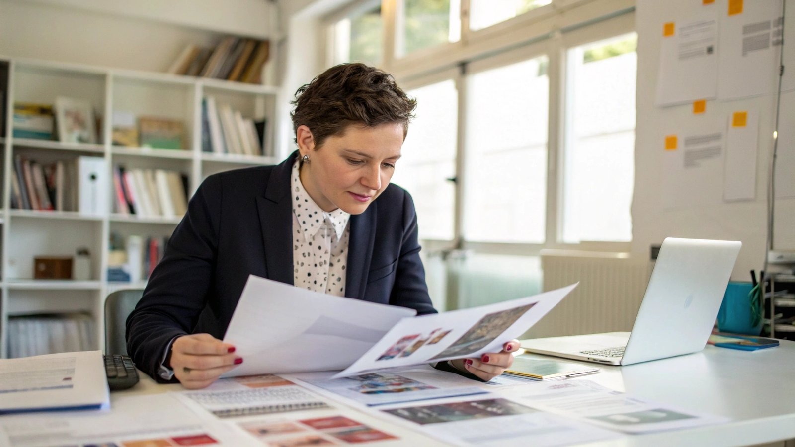 A person comparing several different printing quotes on a desk