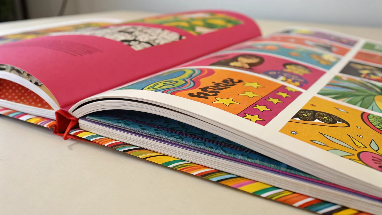 Close-up of an art book portfolio with vibrant colors
