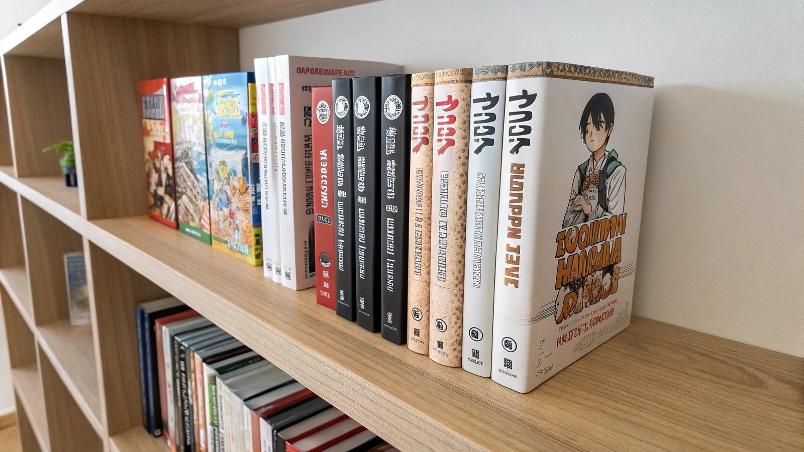 Several manga books of different standard sizes lined up on a shelf