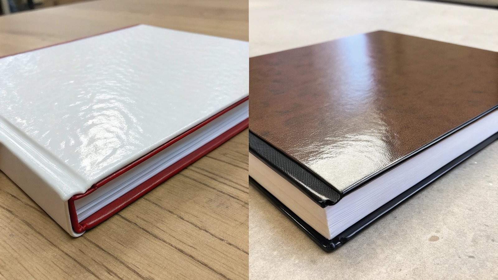 Side-by-side comparison of a book cover with half gloss and half matte lamination
