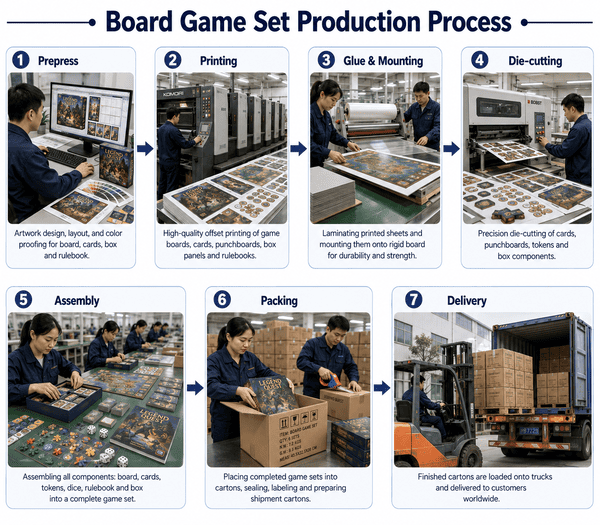 Board game accessory samples arranged by category