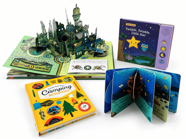 Custom children book printing samples including picture books board books novelty books pop-up books sound books and activity books