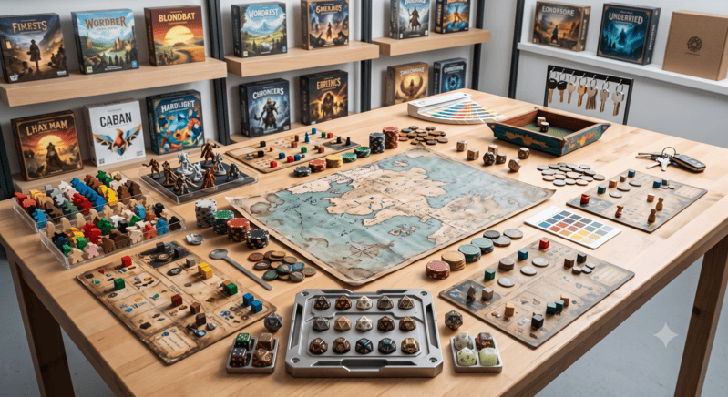 Board game accessory sourcing samples with dice meeples tokens bags and printed parts