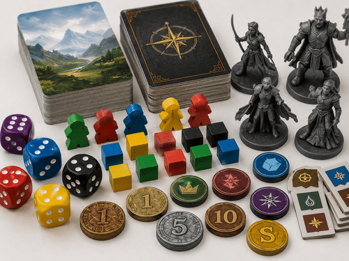 Board game components with card decks punchboards box insert and packing