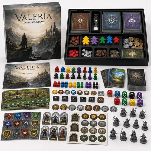 Board game components arranged as cards boards punchboards rulebook and box